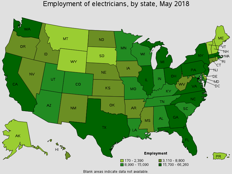 Electrician employment by area in the U.S.