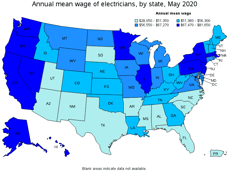 U.S. Map showing electrician wages by state
